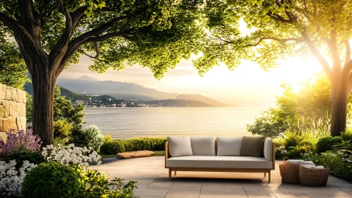 Outdoor seating area overlooks sunlit lake and distant hills