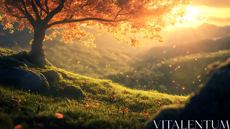 Tree crowns grassy hillside while sunset backlight shapes valley