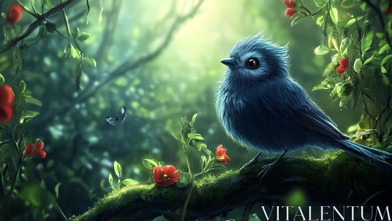 Fluffy Blue Bird in Enchanted Forest, Digital Fantasy Art.