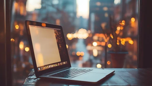 Cozy laptop glow over city lights at the edge of evening.