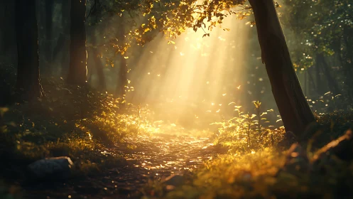 Golden Forest Rays Through Ancient Trees. Transcendent Woodland Illumination.