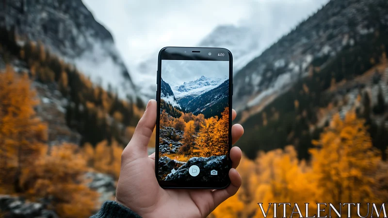Phone-framed mountain trail glows with vivid autumn color.