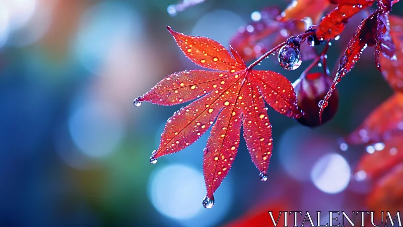 Red maple leaf holds water droplets against blurred bokeh