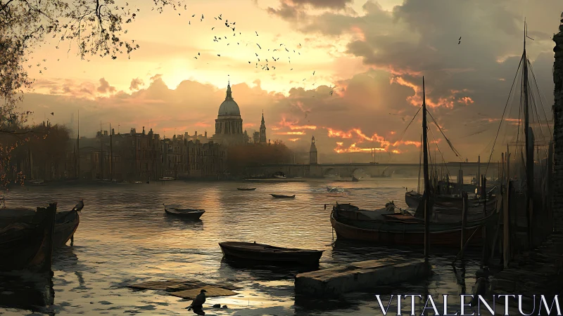 Sunset river harbor frames historic domed city skyline