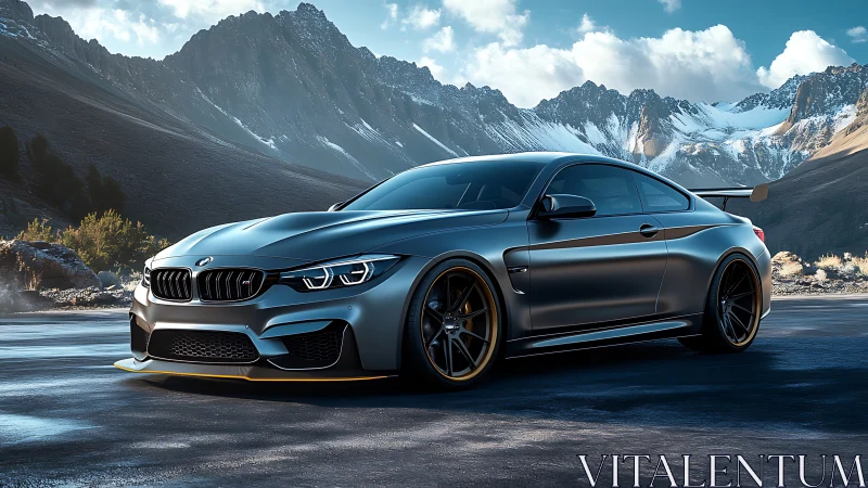 Sleek sports coupe resting calmly in a crisp mountain valley.