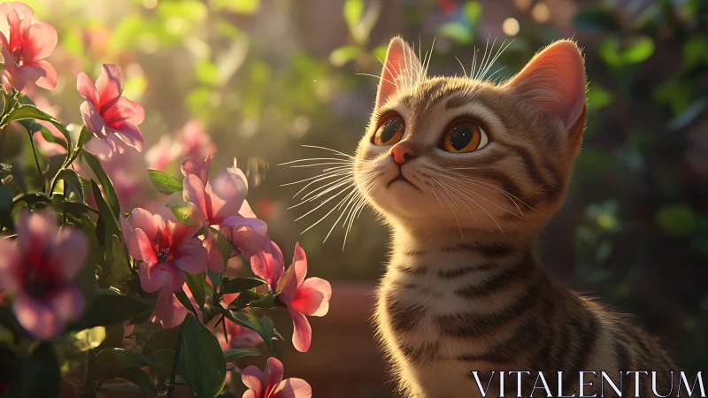 Tabby Cat Captivated by Pink Garden Blossoms.