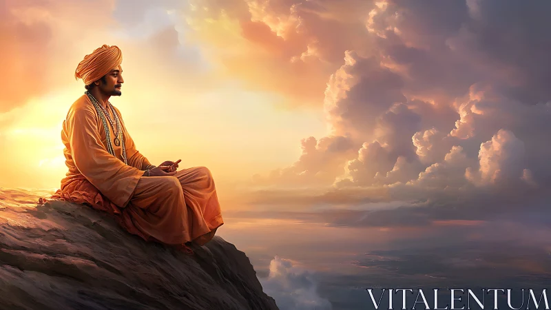 Meditating sage on cliffside rendered in luminous digital realism