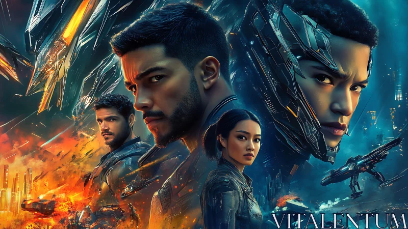 Futuristic soldiers amid spacecraft and divided cityscape.