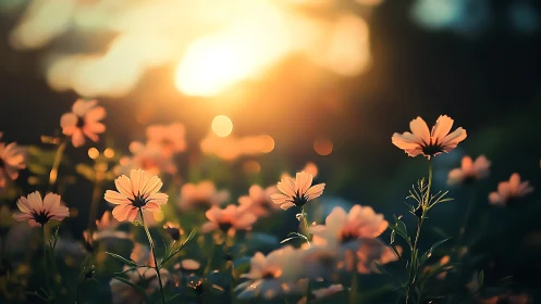 Soft cosmos blossoms hold twilight sunlight in quiet ribbons