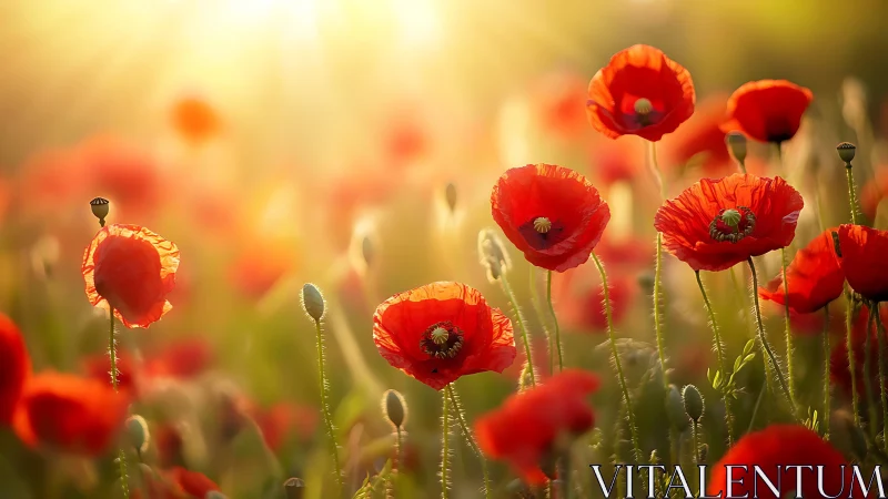 Vibrant Red Poppies Swaying in Golden Sunlight