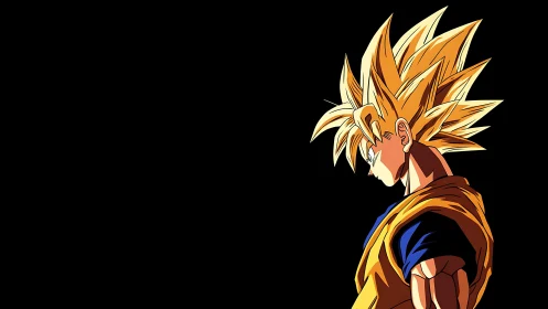 Profile view of spiky haired anime warrior on black background.