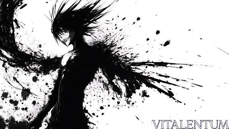 Monochrome ink figure emerges from dynamic splatter field