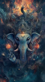 Cosmic elephant deity emerges through swirling nebula fire.