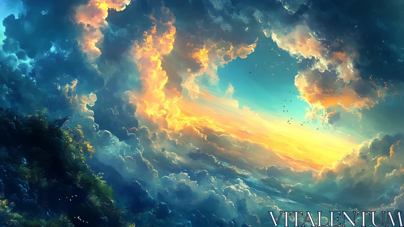 Cloud cathedrals swirl open, revealing a river of sunrise