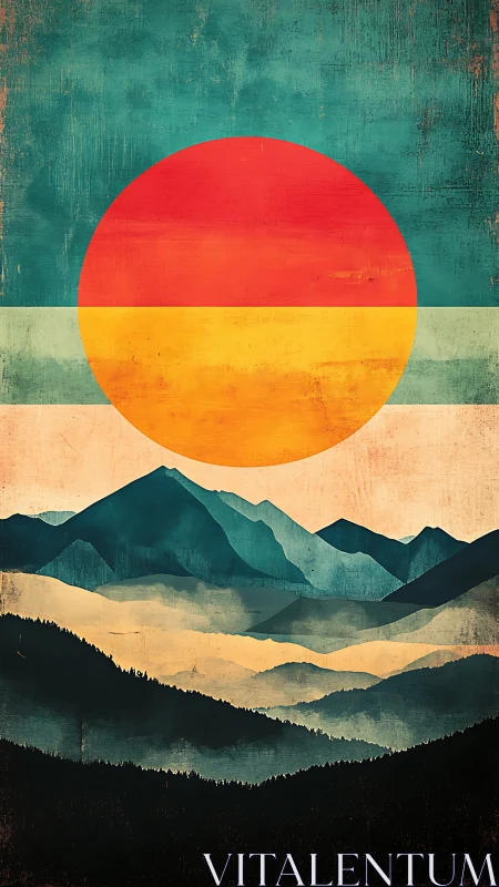 Geometric sun over layered mountain landscape abstraction.