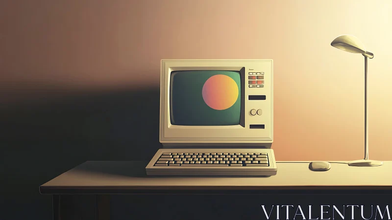 Retro desktop computer under warm minimalist lamplight.