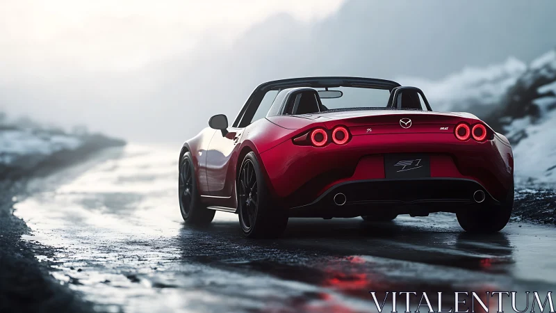 Red roadster parked on wet mountain road at dusk.