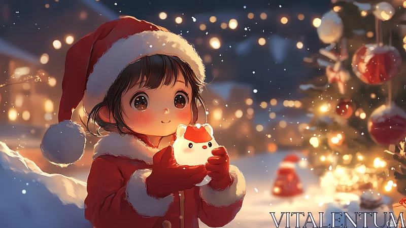 Cozy child in Santa suit cradles glowing winter fox light.
