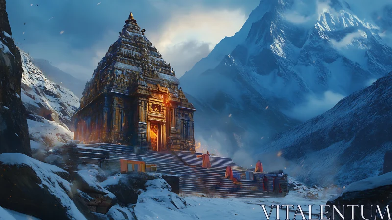 Stone mountain temple with illuminated entrance in snowfield.