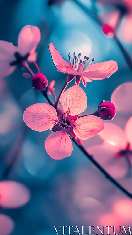 Pink flowers bloom against a striking blue backdrop.