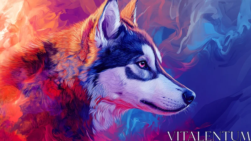 Nebula-coat husky gazing through molten auroras of color.