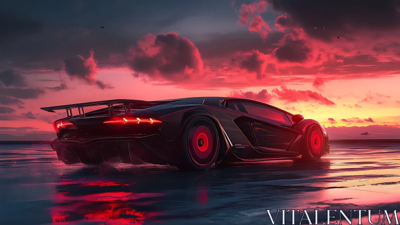 Midnight hypercar slices molten sunset across wet horizon