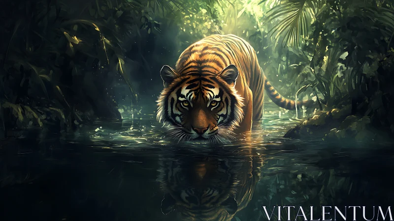 Predatory tiger advancing through luminous jungle waterway.