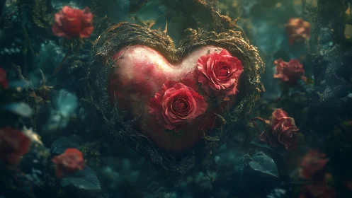 Metallic heart sculpture entwined with moss and red roses in dark fantasy setting