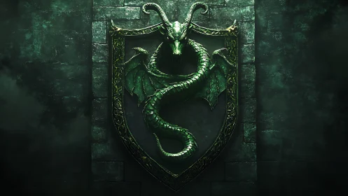 Embossed emerald dragon crest on stone fortress shield wall.
