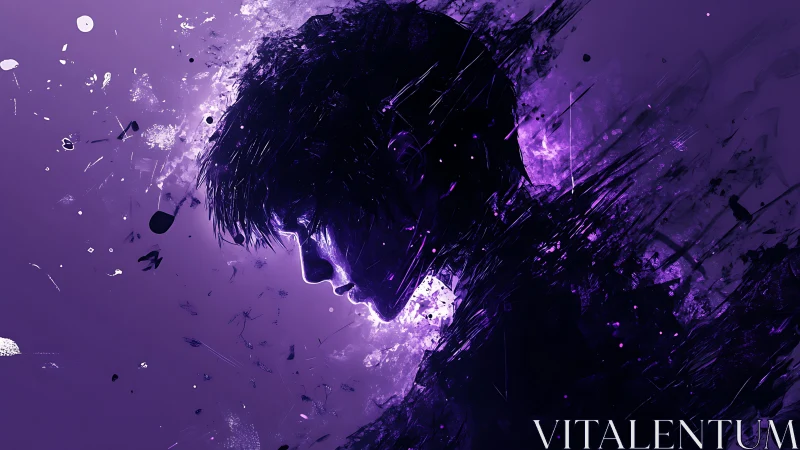 Violet-lit male profile dissolves into dynamic abstract shards