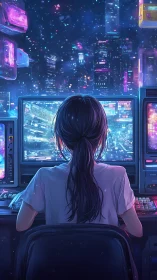 Person at multi-monitor station facing neon cityscape skyline.