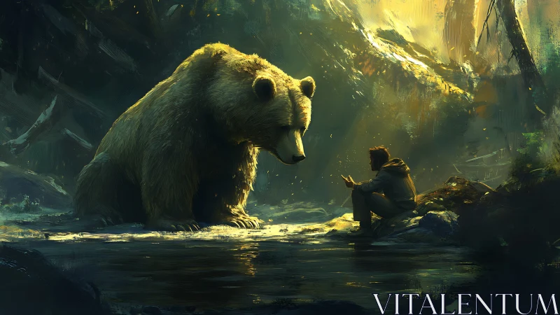 Forest dialogue between seated man and massive brown bear.