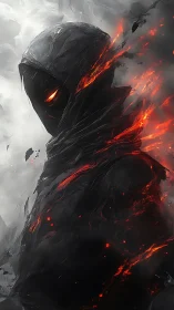 Hooded ember wraith rises through smoke and molten ash.