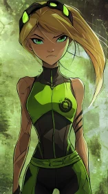Fierce green‑suited heroine stands ready in glowing energy