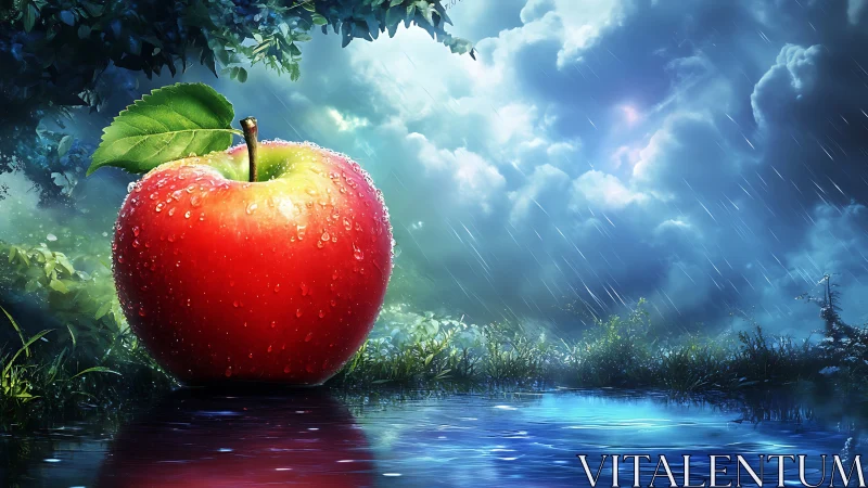 Luminous red apple rests beside a glowing rain kissed pond