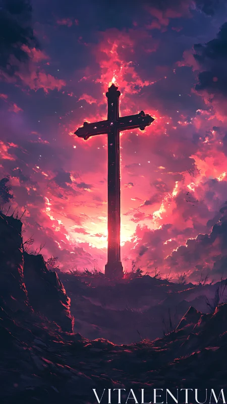 Cross silhouette against vivid pink and purple sky.