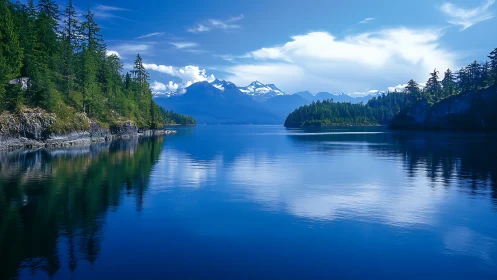 Mountain lake with evergreen shores under bright blue sky.