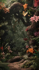 Jungle Portal with Vibrant Flowers and Ancient Trees.