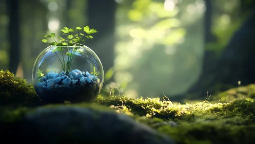 Lush Green Terrarium in Glass Bowl on Forest Floor, Soft Light.