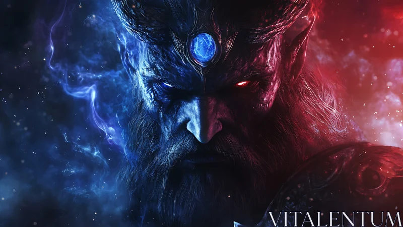 Horned demon king stares ahead under blue and red light