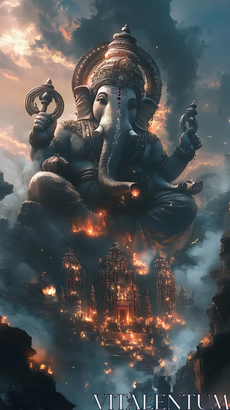Colossal Ganesha deity rises over burning mountain temples