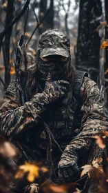 Camouflaged hunter resting quietly in dense autumn forest.