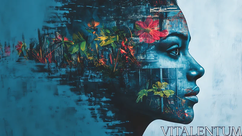 Blue double exposure portrait with flowers and foliage