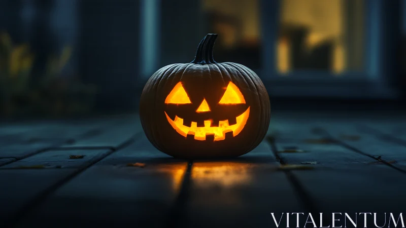 Illuminated carved pumpkin on porch at dusk period.