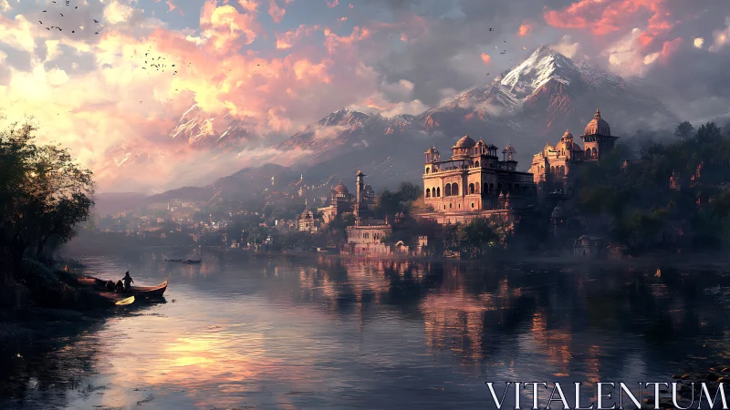 Sunlit riverside citadel below snowcapped mountain peaks.