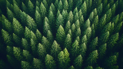 Aerial View of Dense Pine Forest in Lush Green Tones, Natural Style.