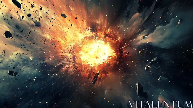 Massive fiery space explosion blasting rock fragments apart.
