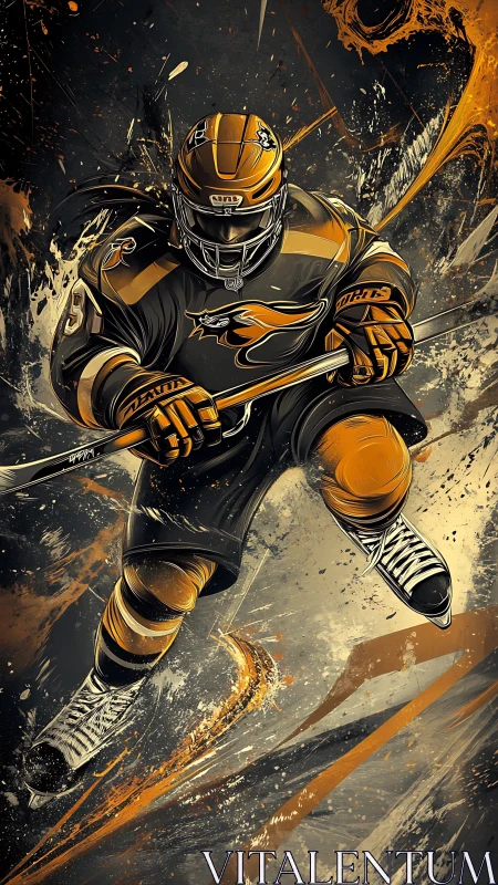 Dynamic digital painting of aggressive hockey forward in motion.