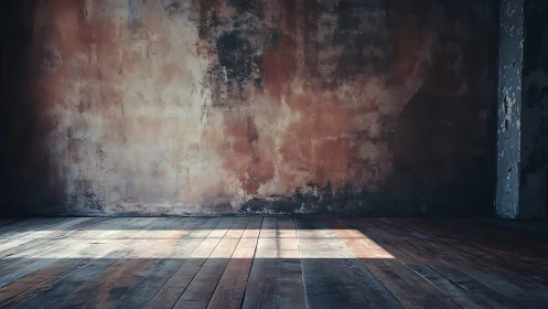 Directional daylight cuts across distressed plaster and wood floor