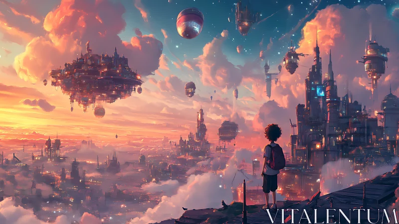 Cloud-striding kid watches floating neon cities ignite dusk